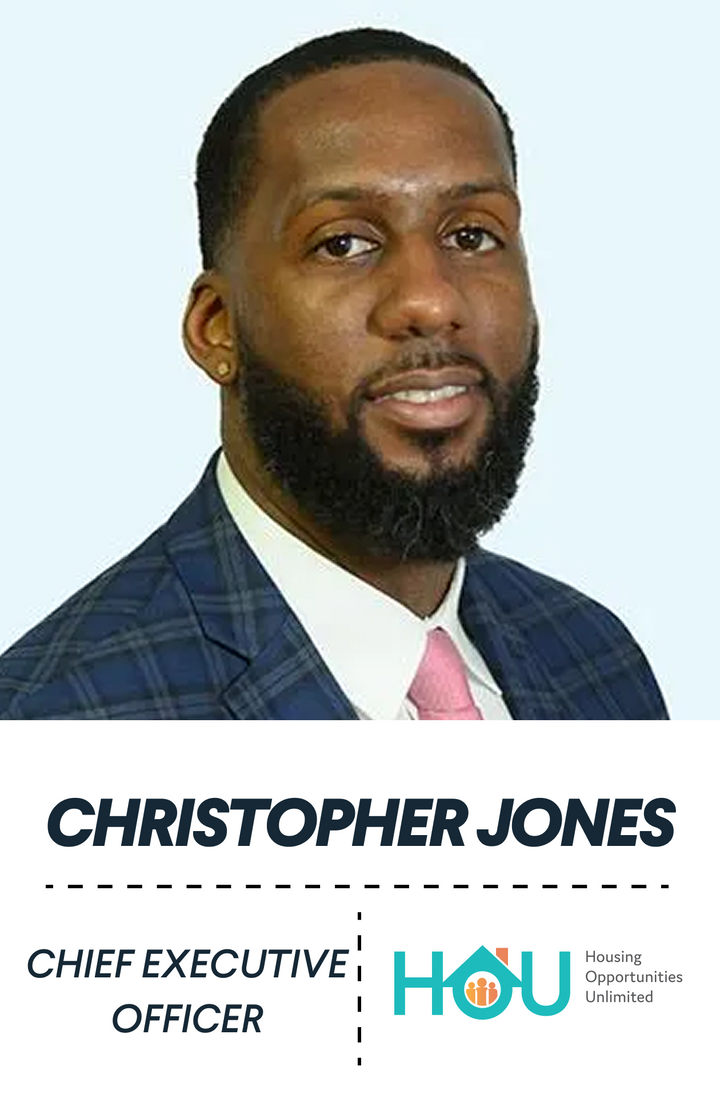 Man in a suit with 'HOU' logo and text, featuring Christopher Jones as Chief Executive Officer.